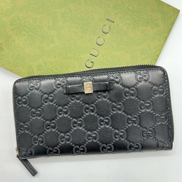 GUCCI Bow Zip Around Guccissima Leather Long Wallet Black Zippy Authentic - Picture 1 of 17